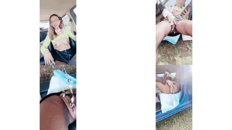 淫蕩眼鏡騷熟女駕車戶外自慰開檔黑絲肥逼，夾子夾住陰蒂，跳蛋雙洞齊開，手指猛扣太騷了