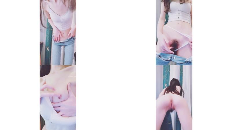 牛仔裤小背心，很会玩诱惑极品女，难得露脸细长美腿，脱下丁字裤露多毛肥穴，翘起对着镜头扣弄，换上吊带黑丝