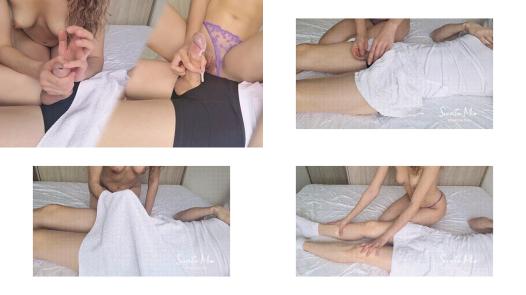 Her massage turned into ball play fast, making him explode as she rode his cum-soaked hard dick