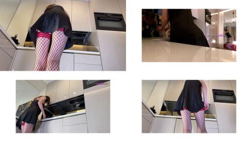 Hot sexy long legs brunette wife in black and red fishnet stockings with a satin nightie teases in the kitchen