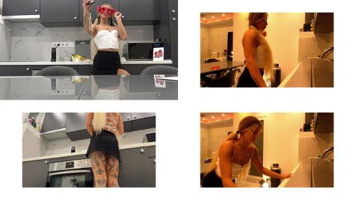 Hot tattooed blonde long hair beauty in the kitchen takes her panties off to show her meaty pussy an