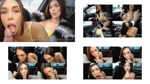 Porsche Blowjob - Brunette in Fur on the Back Seat sucking big cock and cum swallow