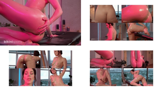 Hot Brunette Twerks Naked Covered in Oil on Massage Table